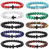 Natural Stone Wood Beads Rosary Bracelet Hematite Onyx Cross Meditation Yoga Jewelry for Men Women Handmade Spiritual Gift