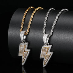 Shine Full Zircon Lightning Pendant Necklace for Women Men Crystal Charm Necklace Iced Out Charm Hip Hop Party Jewelry