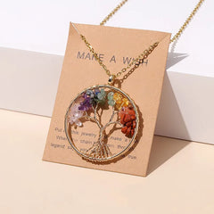 7 Chakras Tree of Life Pendant Gold with Natural Crystal Beads Reiki Healing Jewelry