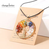 7 Chakras Tree of Life Pendant Gold with Natural Crystal Beads Reiki Healing Jewelry