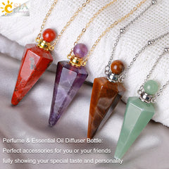 Natural Stone Cone Perfume Bottle Necklace Clear Quartz Crystal Essential Oil Diffuser Pendant