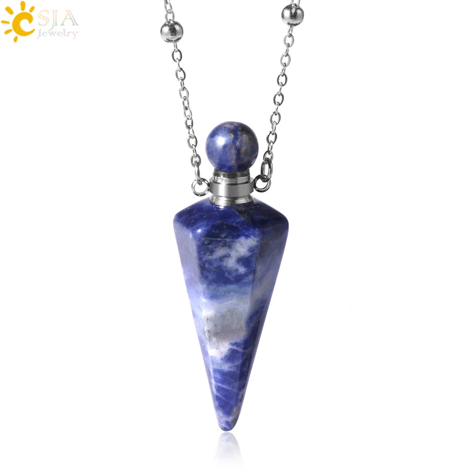 Natural Stone Cone Perfume Bottle Necklace Clear Quartz Crystal Essential Oil Diffuser Pendant
