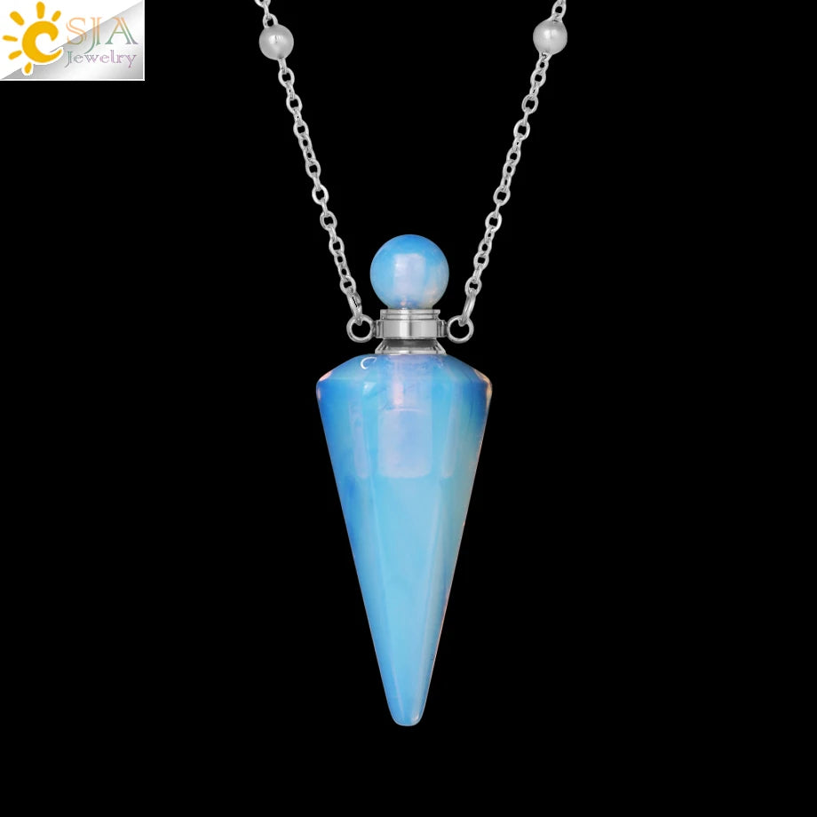 Natural Stone Cone Perfume Bottle Necklace Clear Quartz Crystal Essential Oil Diffuser Pendant