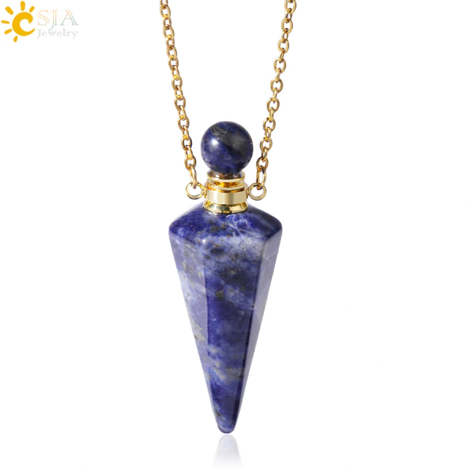 Natural Stone Cone Perfume Bottle Necklace Clear Quartz Crystal Essential Oil Diffuser Pendant