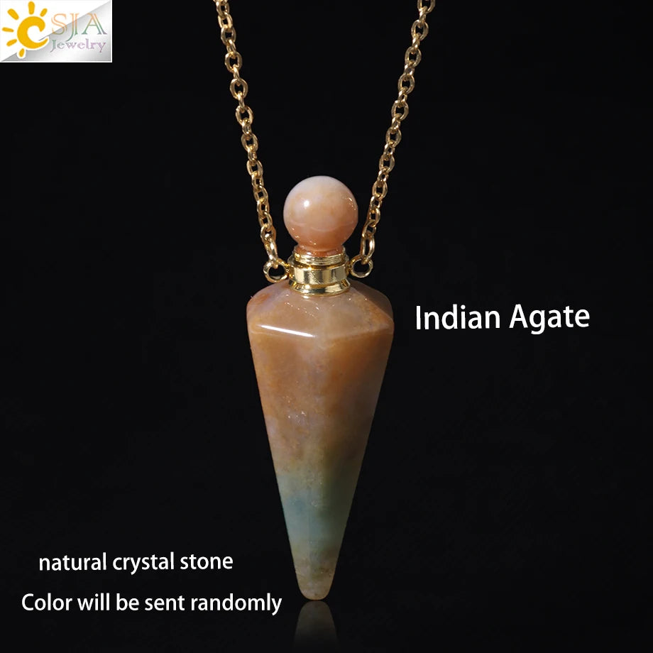 Natural Stone Cone Perfume Bottle Necklace Clear Quartz Crystal Essential Oil Diffuser Pendant