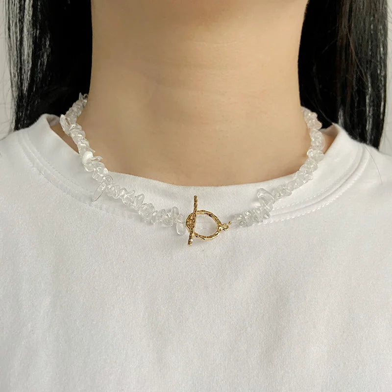 Natural Blue Stone Choker Necklace Aquamarine and Quartz Crystal Beads for Women
