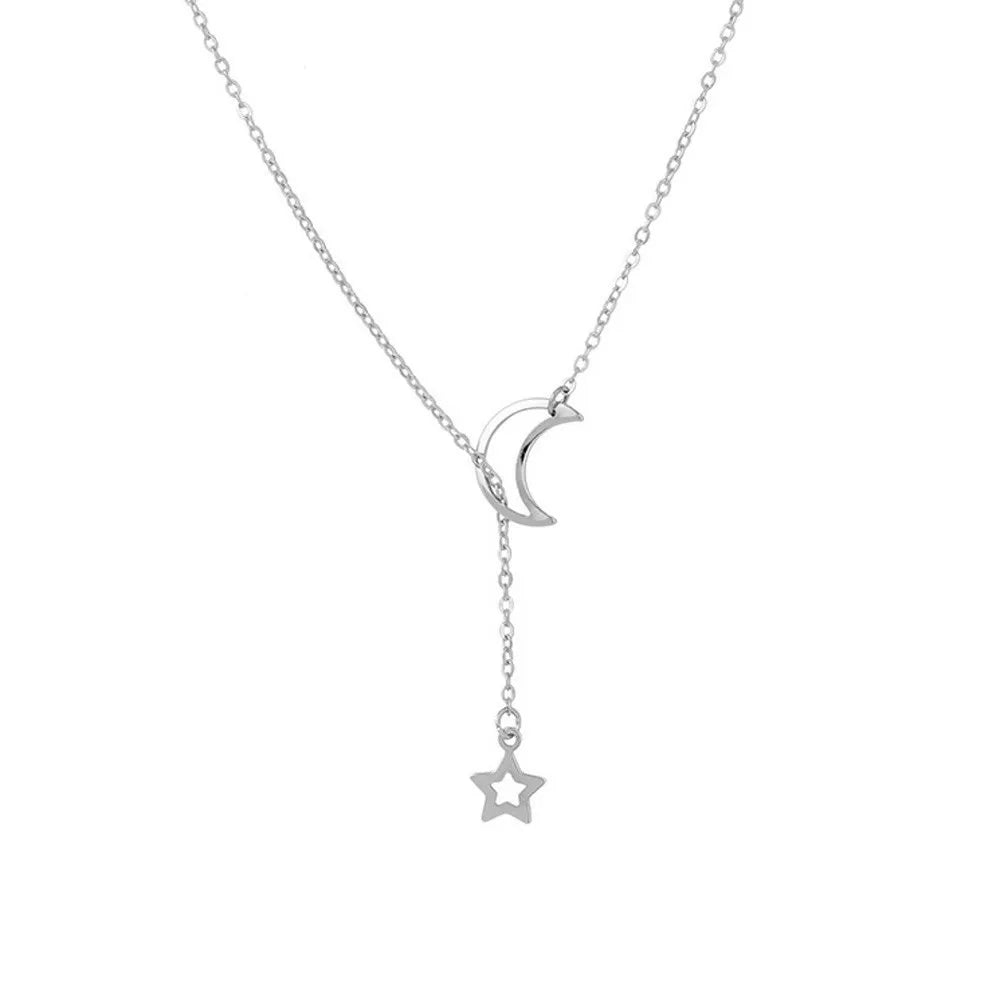 Simple Moon Star Pendant Choker Necklace Gold Alloy Chain for Women