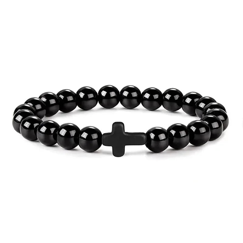 Natural Stone Wood Beads Rosary Bracelet Hematite Onyx Cross Meditation Yoga Jewelry for Men Women Handmade Spiritual Gift