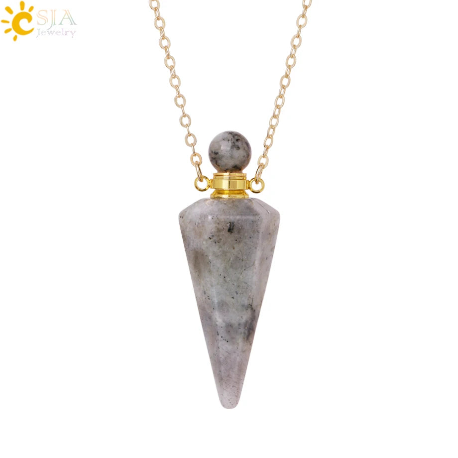 Natural Stone Cone Perfume Bottle Necklace Clear Quartz Crystal Essential Oil Diffuser Pendant