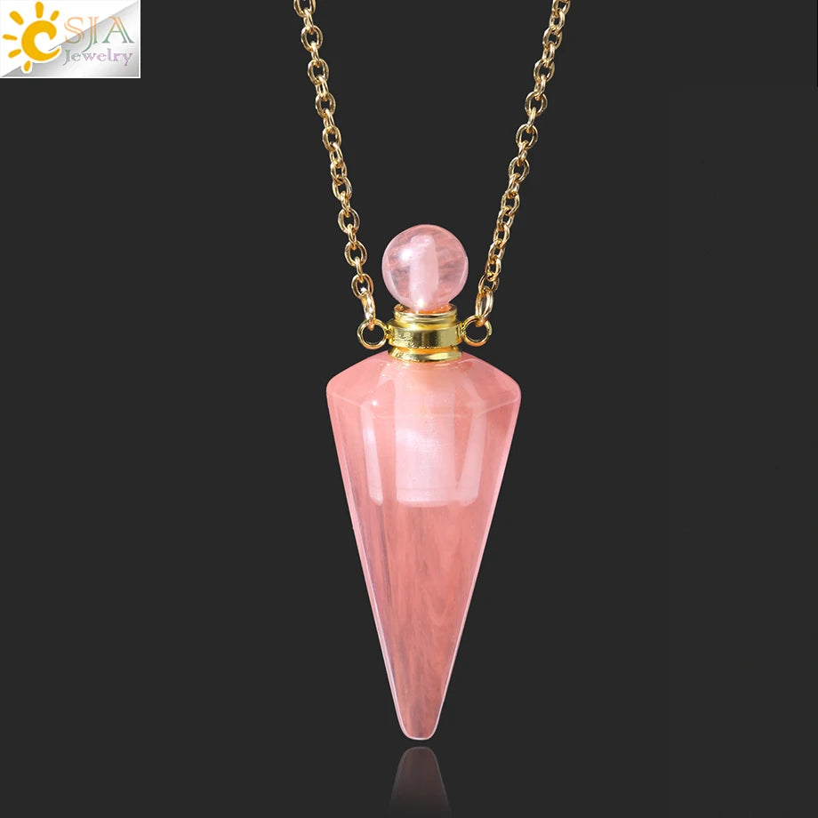 Natural Stone Cone Perfume Bottle Necklace Clear Quartz Crystal Essential Oil Diffuser Pendant