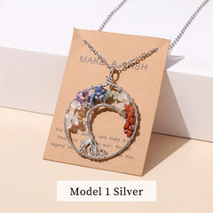 7 Chakras Tree of Life Pendant Gold with Natural Crystal Beads Reiki Healing Jewelry