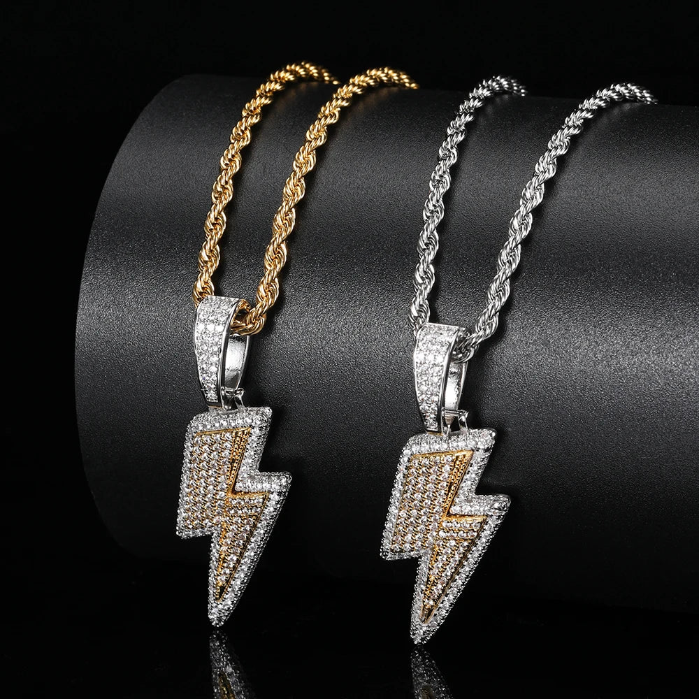 Shine Full Zircon Lightning Pendant Necklace for Women Men Crystal Charm Necklace  Iced Out Charm Hip Hop Party Jewelry
