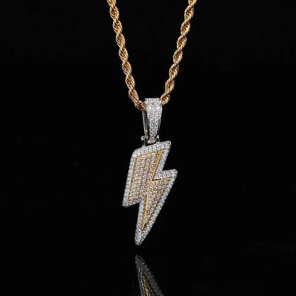 Shine Full Zircon Lightning Pendant Necklace for Women Men Crystal Charm Necklace  Iced Out Charm Hip Hop Party Jewelry