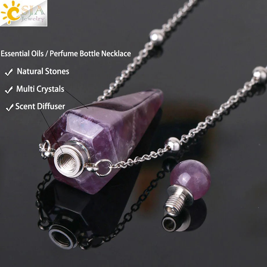 Natural Stone Cone Perfume Bottle Necklace Clear Quartz Crystal Essential Oil Diffuser Pendant