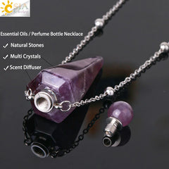 Natural Stone Cone Perfume Bottle Necklace Clear Quartz Crystal Essential Oil Diffuser Pendant