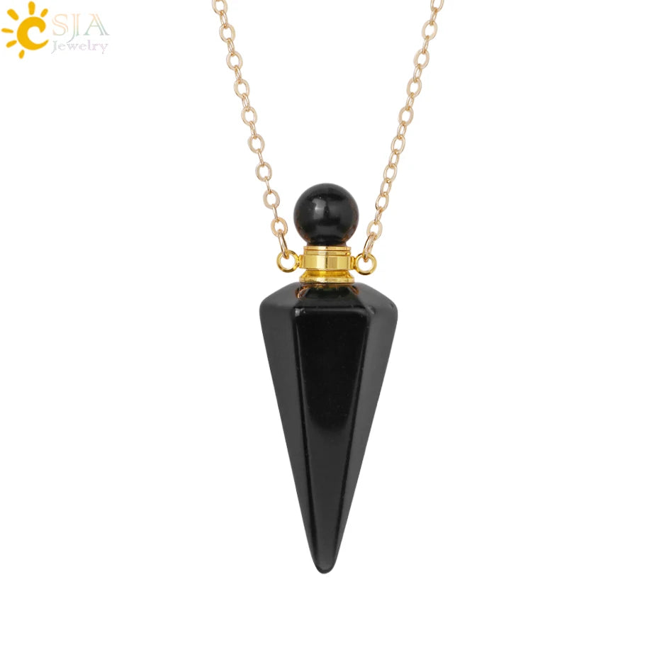 Natural Stone Cone Perfume Bottle Necklace Clear Quartz Crystal Essential Oil Diffuser Pendant
