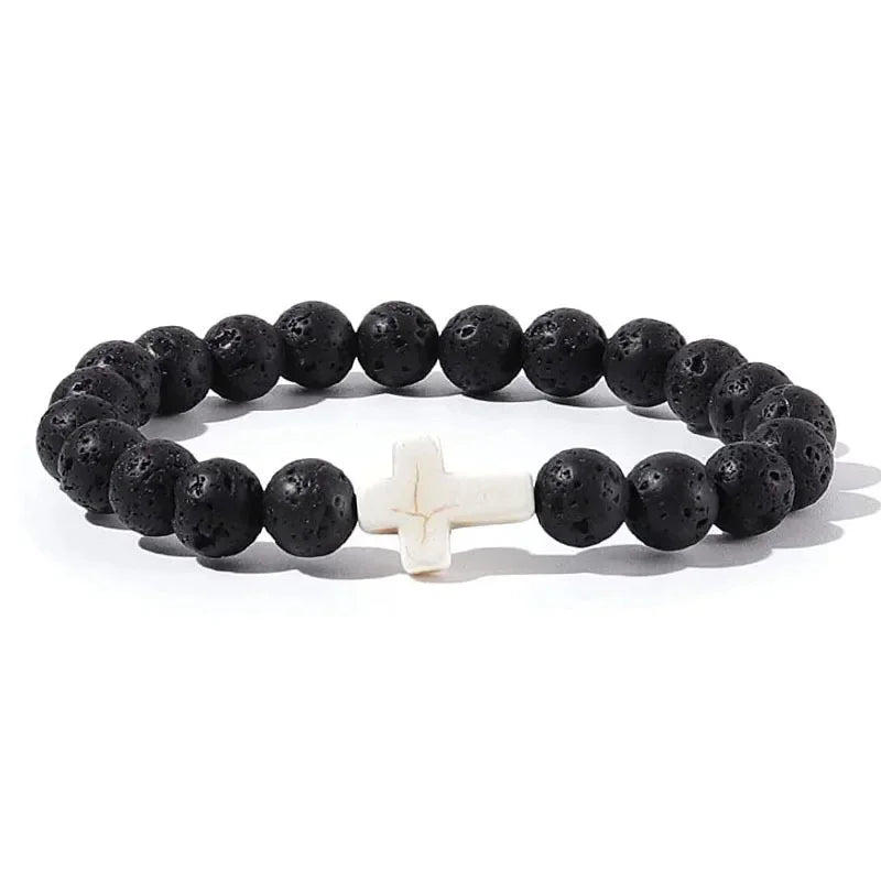 Natural Stone Wood Beads Rosary Bracelet Hematite Onyx Cross Meditation Yoga Jewelry for Men Women Handmade Spiritual Gift