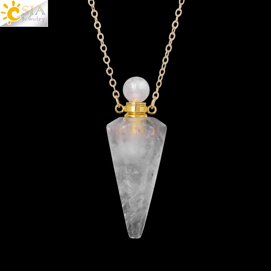 Natural Stone Cone Perfume Bottle Necklace Clear Quartz Crystal Essential Oil Diffuser Pendant