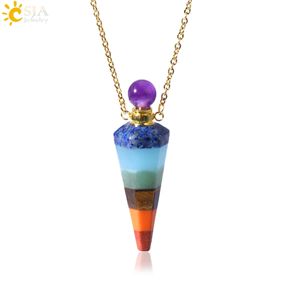 Natural Stone Cone Perfume Bottle Necklace Clear Quartz Crystal Essential Oil Diffuser Pendant