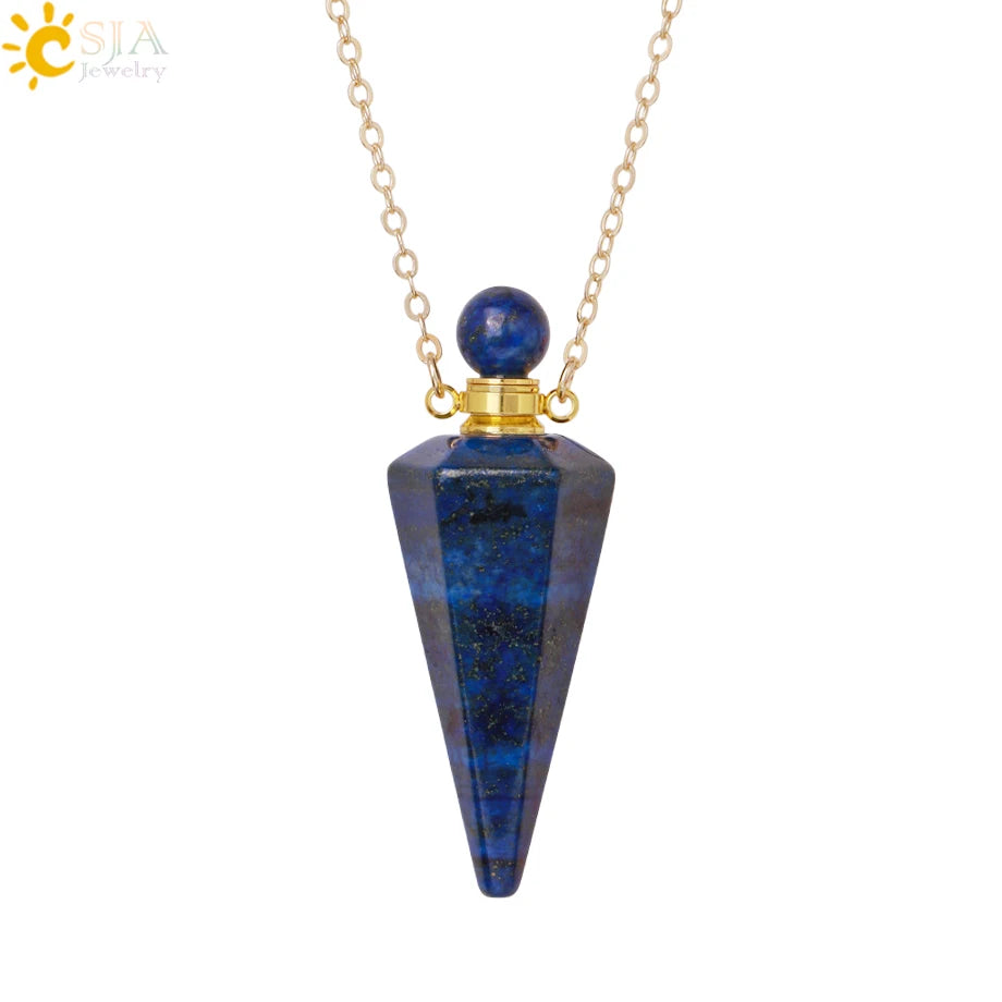 Natural Stone Cone Perfume Bottle Necklace Clear Quartz Crystal Essential Oil Diffuser Pendant