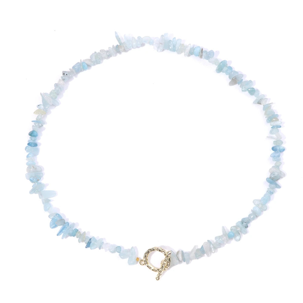 Natural Blue Stone Choker Necklace Aquamarine and Quartz Crystal Beads for Women