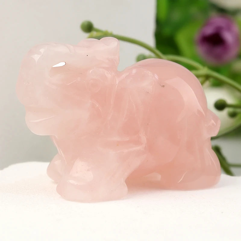 Hand-Carved Crystal Elephant – Rose Quartz & Amethyst