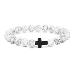 Natural Stone Wood Beads Rosary Bracelet Hematite Onyx Cross Meditation Yoga Jewelry for Men Women Handmade Spiritual Gift