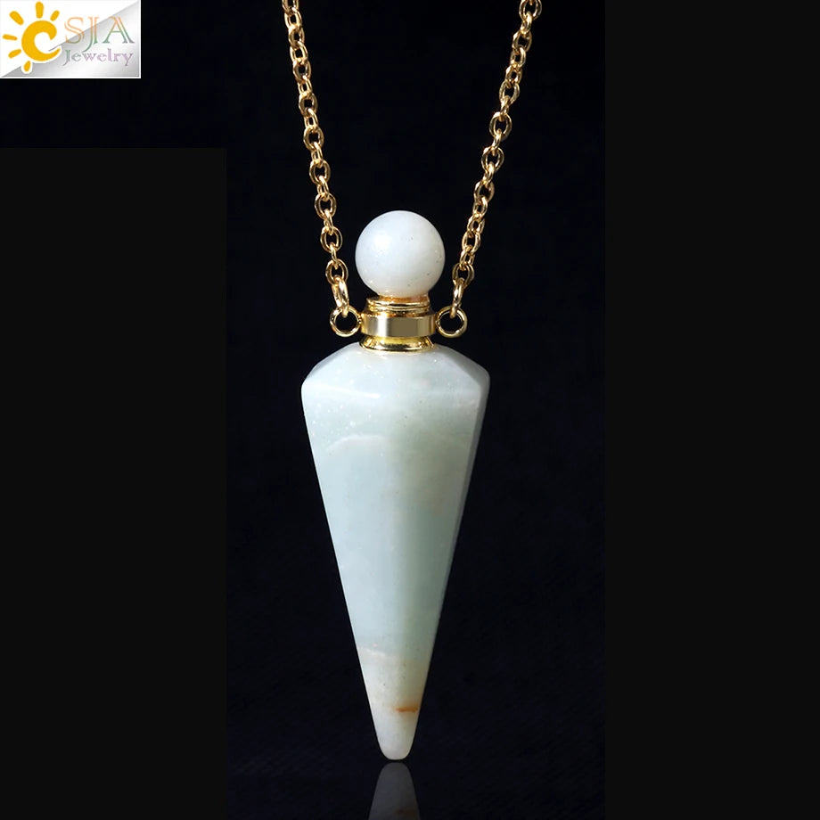 Natural Stone Cone Perfume Bottle Necklace Clear Quartz Crystal Essential Oil Diffuser Pendant