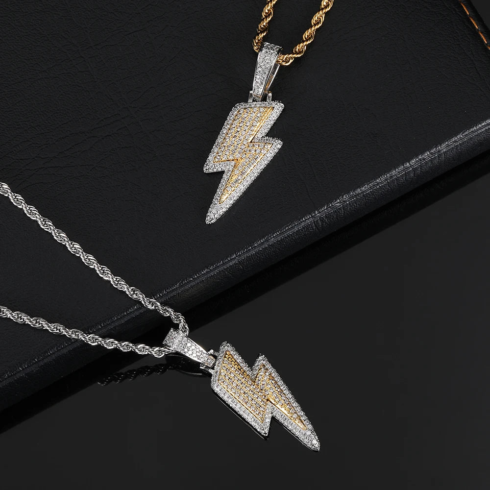 Shine Full Zircon Lightning Pendant Necklace for Women Men Crystal Charm Necklace  Iced Out Charm Hip Hop Party Jewelry