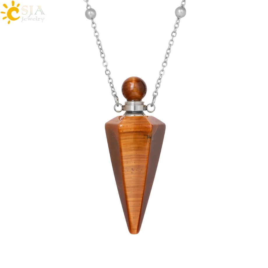Natural Stone Cone Perfume Bottle Necklace Clear Quartz Crystal Essential Oil Diffuser Pendant