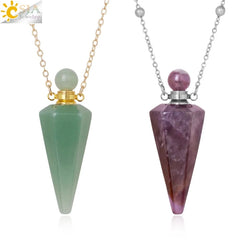 Natural Stone Cone Perfume Bottle Necklace Clear Quartz Crystal Essential Oil Diffuser Pendant