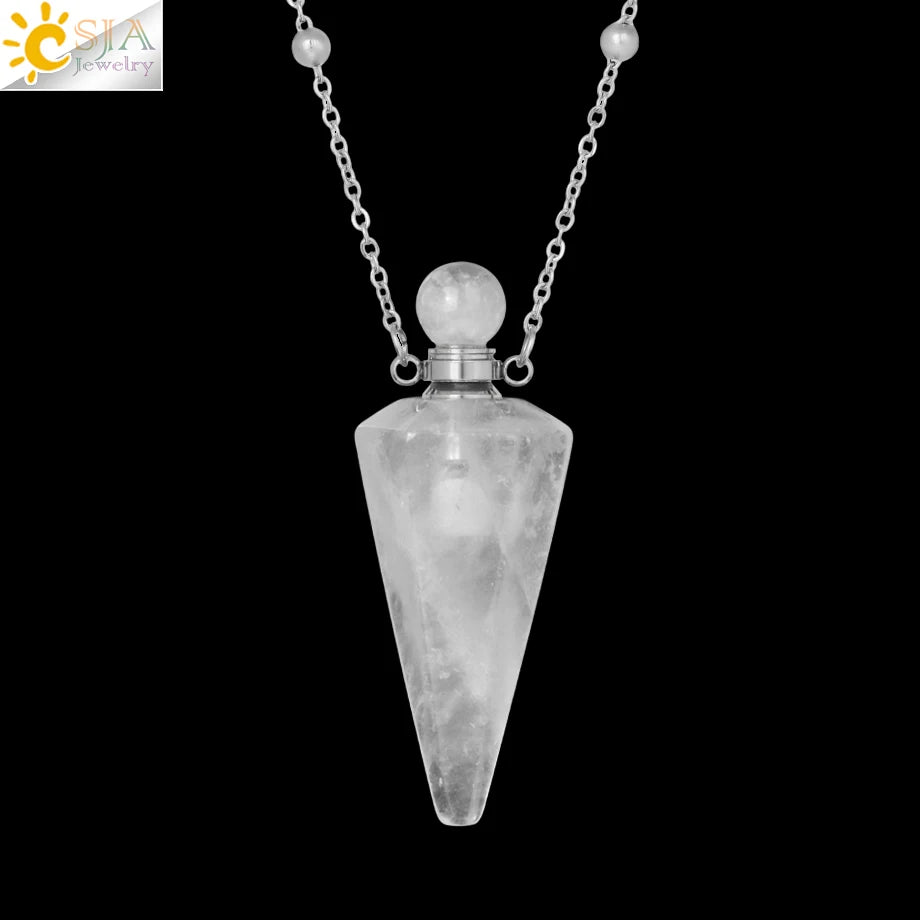 Natural Stone Cone Perfume Bottle Necklace Clear Quartz Crystal Essential Oil Diffuser Pendant