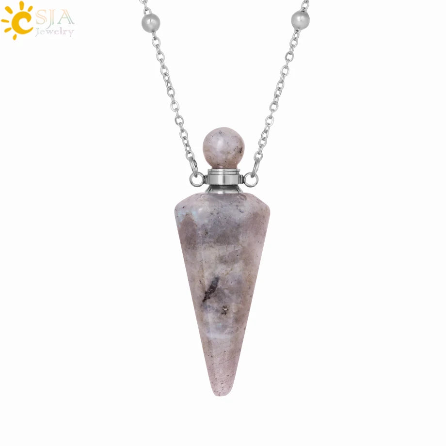 Natural Stone Cone Perfume Bottle Necklace Clear Quartz Crystal Essential Oil Diffuser Pendant