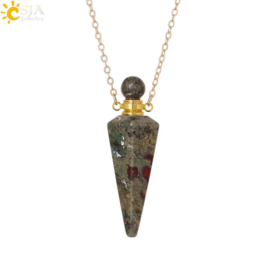 Natural Stone Cone Perfume Bottle Necklace Clear Quartz Crystal Essential Oil Diffuser Pendant