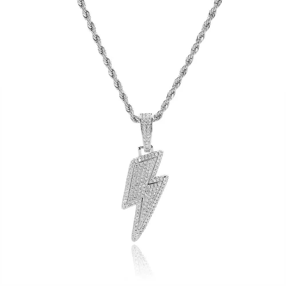 Shine Full Zircon Lightning Pendant Necklace for Women Men Crystal Charm Necklace  Iced Out Charm Hip Hop Party Jewelry