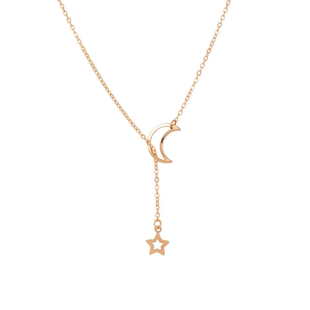 Simple Moon Star Pendant Choker Necklace Gold Alloy Chain for Women