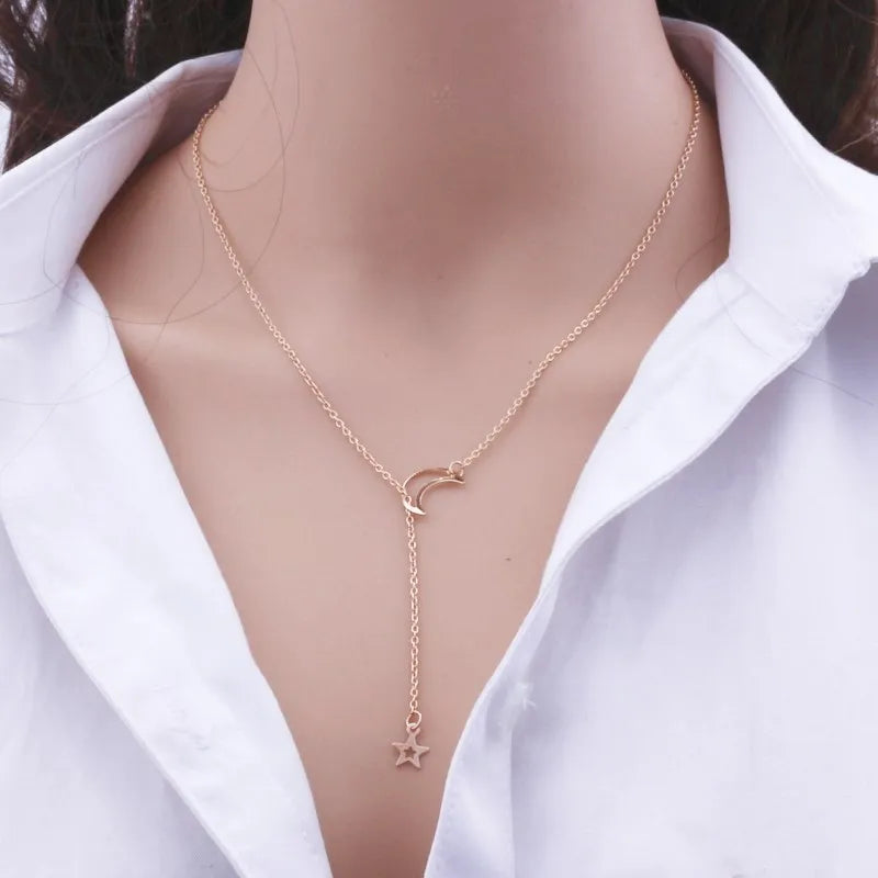 Simple Moon Star Pendant Choker Necklace Gold Alloy Chain for Women