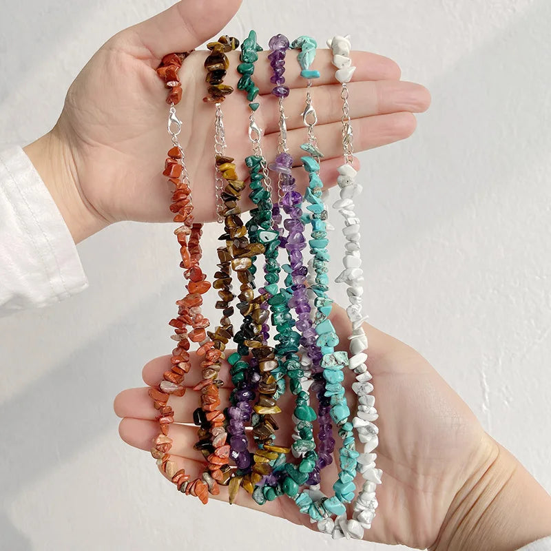 Natural Blue Stone Choker Necklace Aquamarine and Quartz Crystal Beads for Women