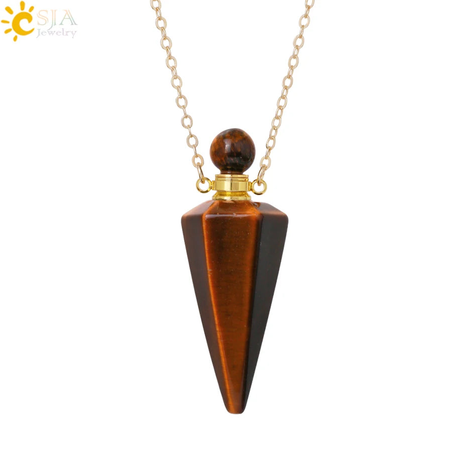 Natural Stone Cone Perfume Bottle Necklace Clear Quartz Crystal Essential Oil Diffuser Pendant
