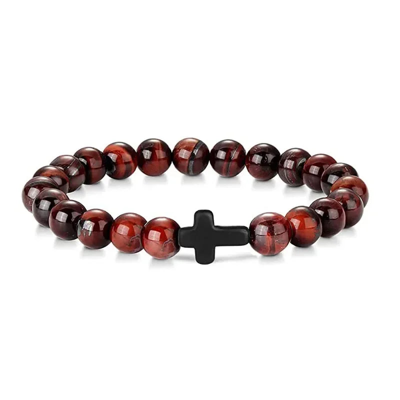 Natural Stone Wood Beads Rosary Bracelet Hematite Onyx Cross Meditation Yoga Jewelry for Men Women Handmade Spiritual Gift