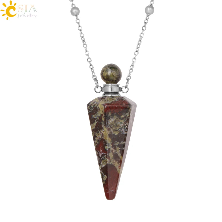 Natural Stone Cone Perfume Bottle Necklace Clear Quartz Crystal Essential Oil Diffuser Pendant