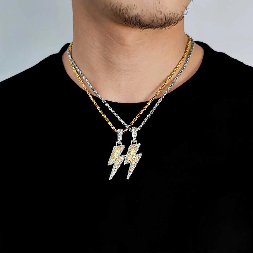 Shine Full Zircon Lightning Pendant Necklace for Women Men Crystal Charm Necklace  Iced Out Charm Hip Hop Party Jewelry