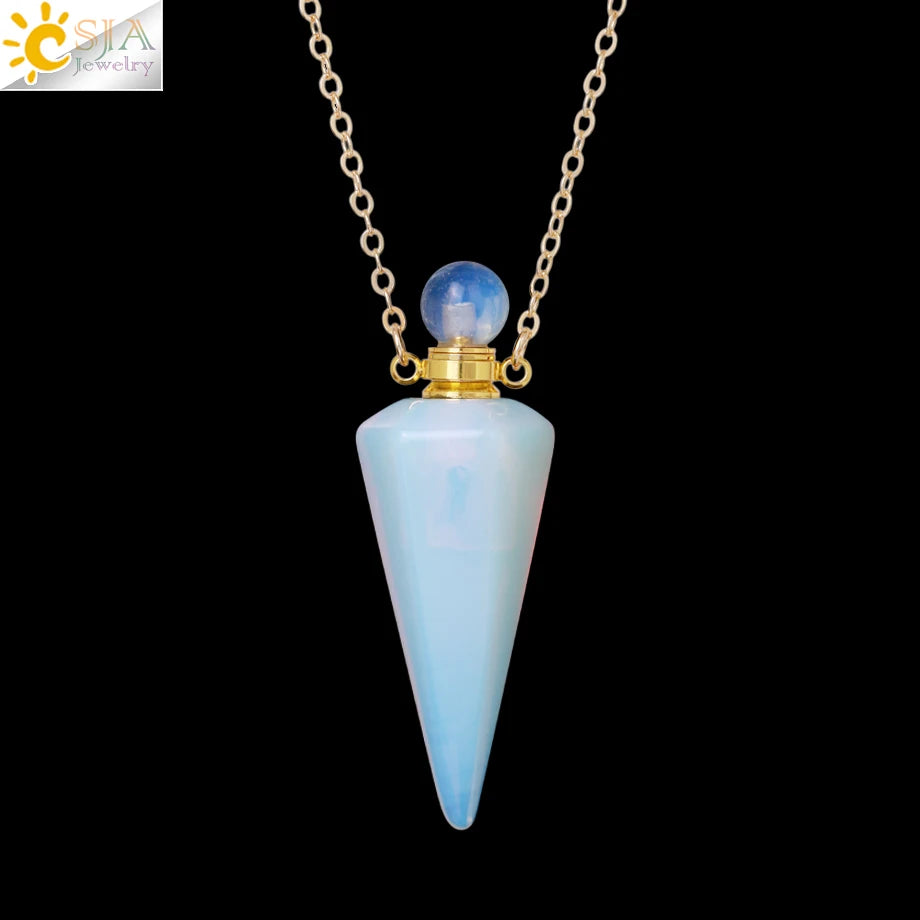 Natural Stone Cone Perfume Bottle Necklace Clear Quartz Crystal Essential Oil Diffuser Pendant
