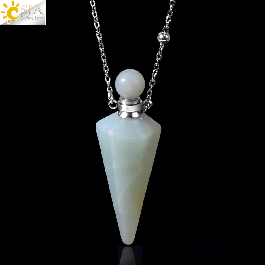 Natural Stone Cone Perfume Bottle Necklace Clear Quartz Crystal Essential Oil Diffuser Pendant