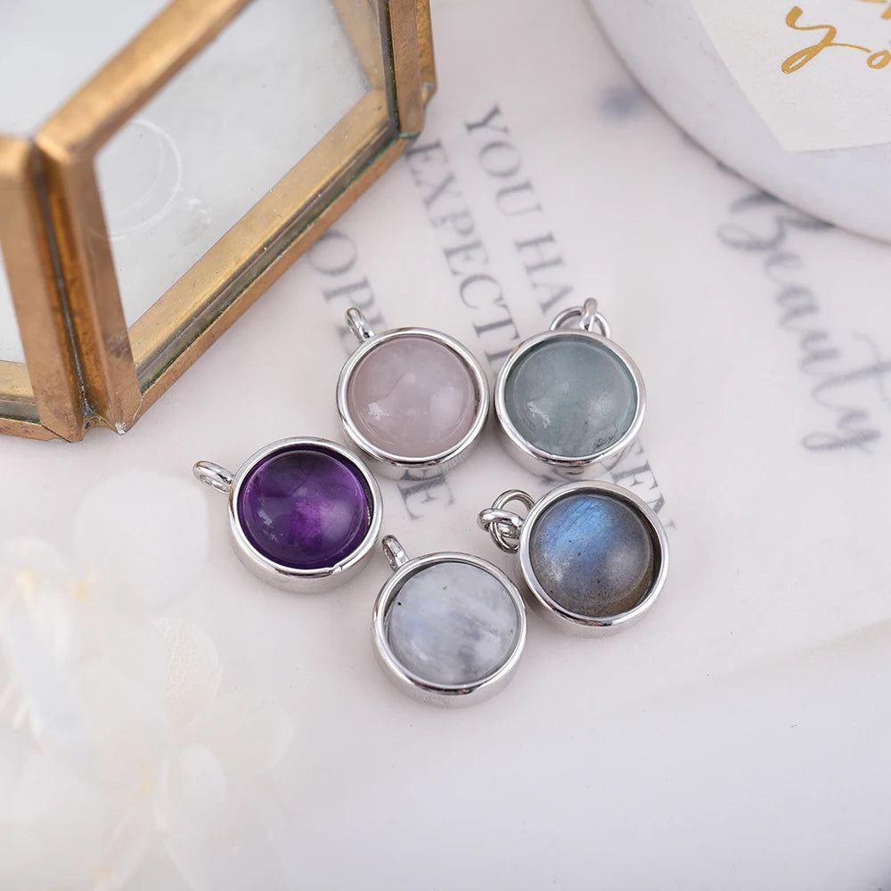 ITSMOS Natural Labradorite Moonstone Pendant Necklace Simple Round Rose Quartz Amethyst Stone Elegant Jewelry for Women Romatic