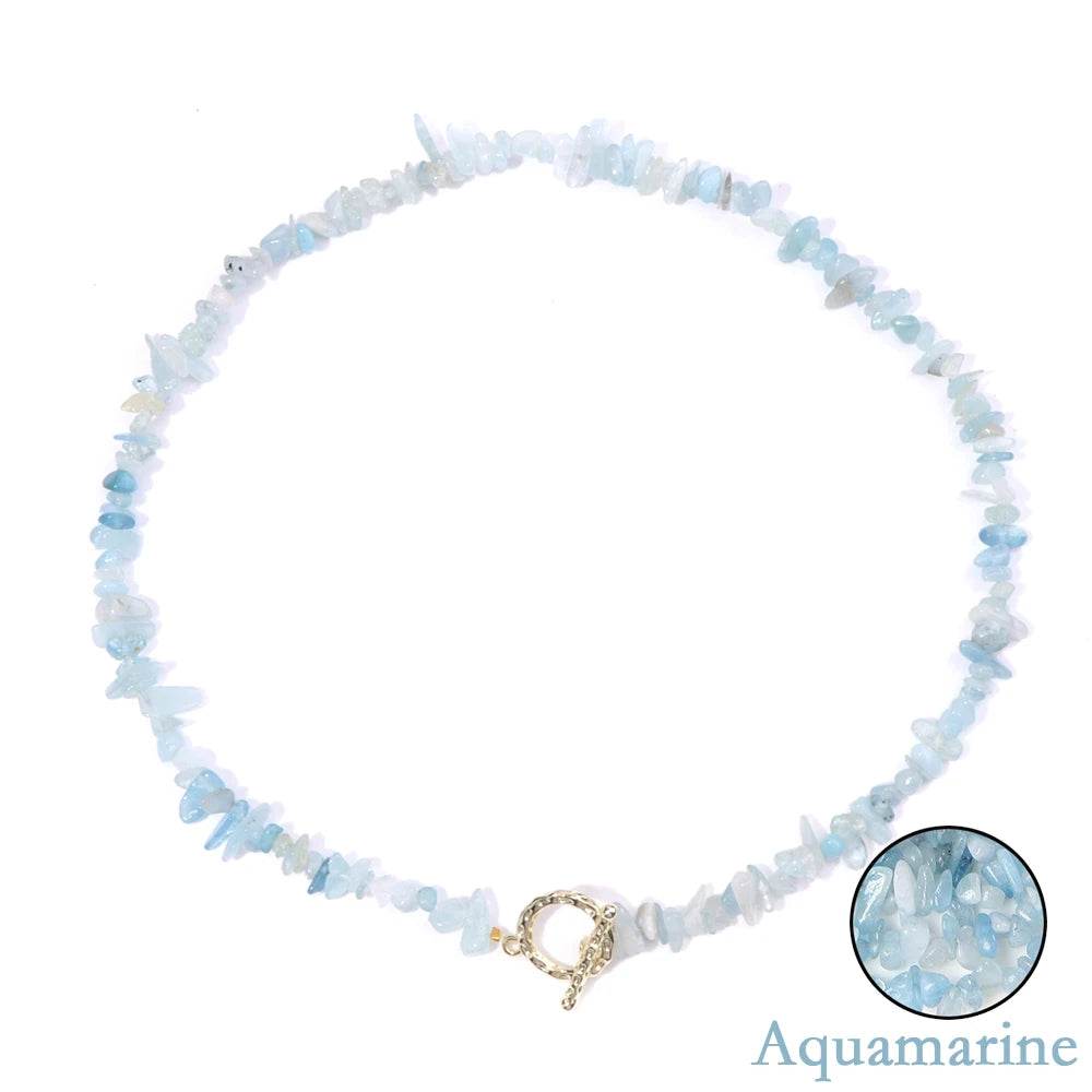 Natural Blue Stone Choker Necklace Aquamarine and Quartz Crystal Beads for Women