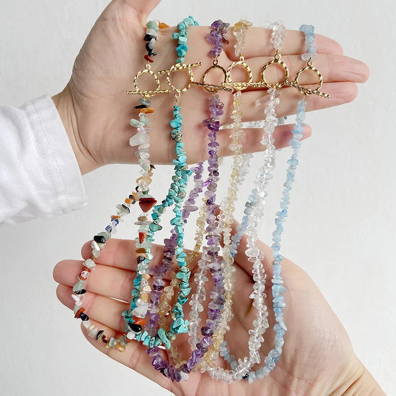 Natural Blue Stone Choker Necklace Aquamarine and Quartz Crystal Beads for Women