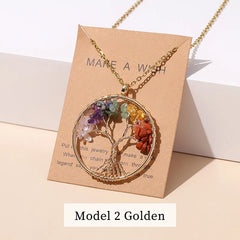 7 Chakras Tree of Life Pendant Gold with Natural Crystal Beads Reiki Healing Jewelry