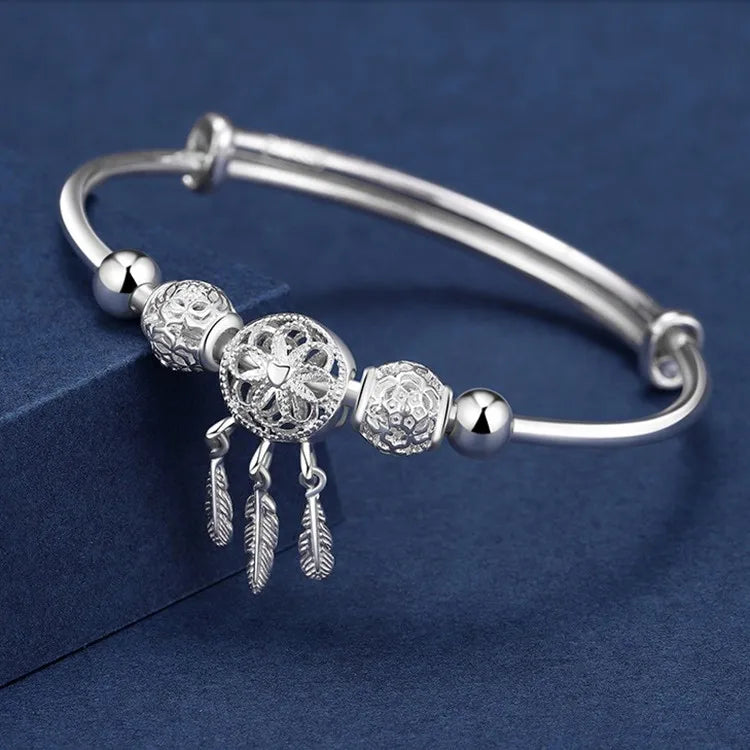Silver Color Dreamcatcher Tassel Feather Lucky Bead Bracelet Bangle for Women Fashion Original Party Wedding Jewelry Gift