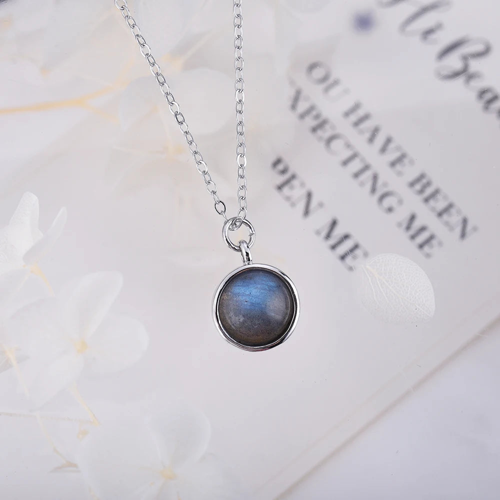 ITSMOS Natural Labradorite Moonstone Pendant Necklace Simple Round Rose Quartz Amethyst Stone Elegant Jewelry for Women Romatic